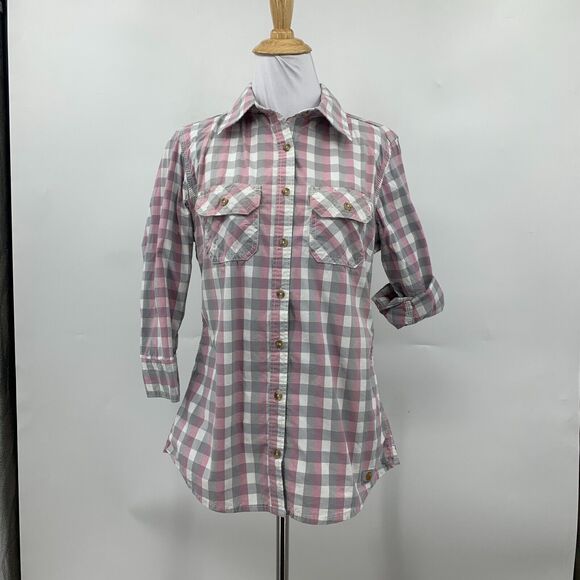 Carhartt Gingham Shirt Womens S Small Button Up Quarter Tab Sleeve Flap Pocket - Picture 2 of 16